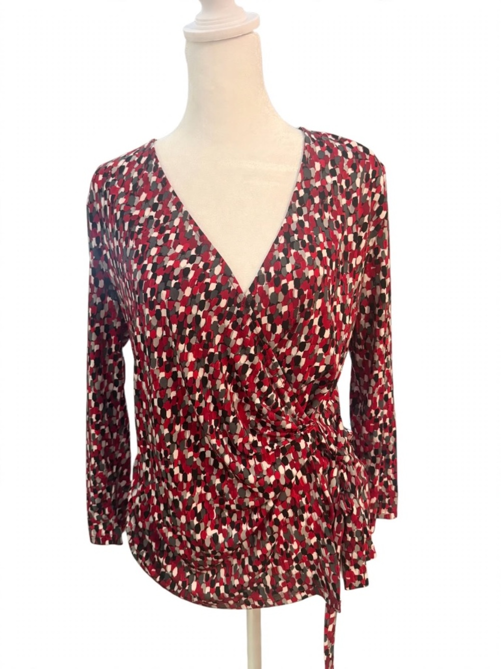 Black Label by Evan-Picone Wrap Top Red Black Dot Print Surplice Side Tie Long S